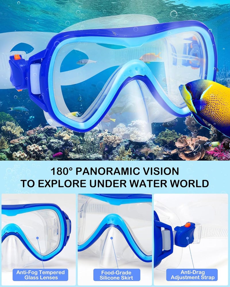 FosDero Kids Snorkel Set Mask Fins-Panoramic Snorkel Mask+Dry Top Snorkel+Adjustable Swim Fins+Mesh Bag+Earplugs for Boys Girls, Junior Snorkeling Gear for Kids Ages 5-14 - Image 3